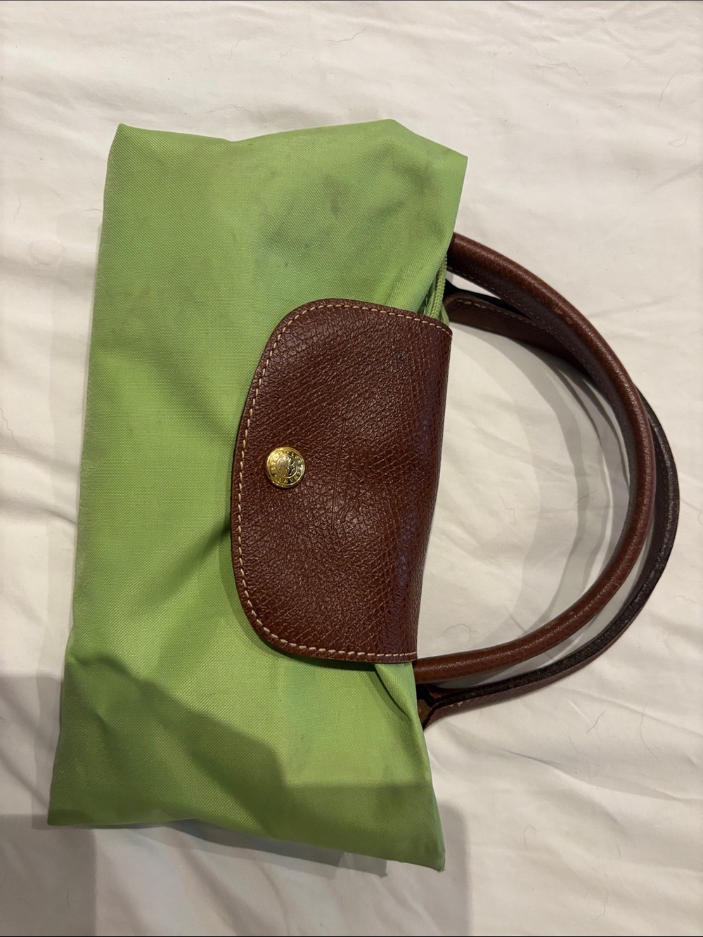 Green Nylon Tote Bag with Brown Leather Trim